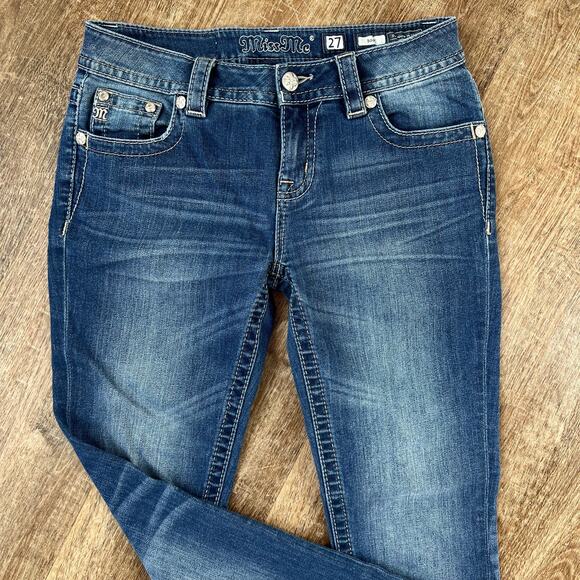 Miss Me Jeans Bootcut Medium Wash Jeweled Pockets Embroidered Gold Flowers - Picture 5 of 8